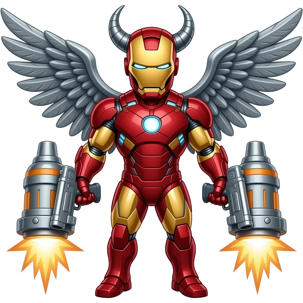 Iron man full body with iron wings iron horns iron guns iron jetpack iron first iron blast emoji