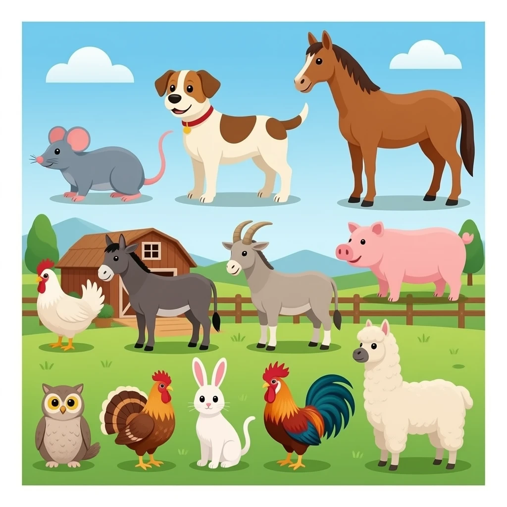 16 farm animals inside the barn like have: Duck, mouse, dog, horse, sheep, chicken, donkey, pig, goat, cat, owl, rooster, rabbit, Turkey, cow, and llama emoji