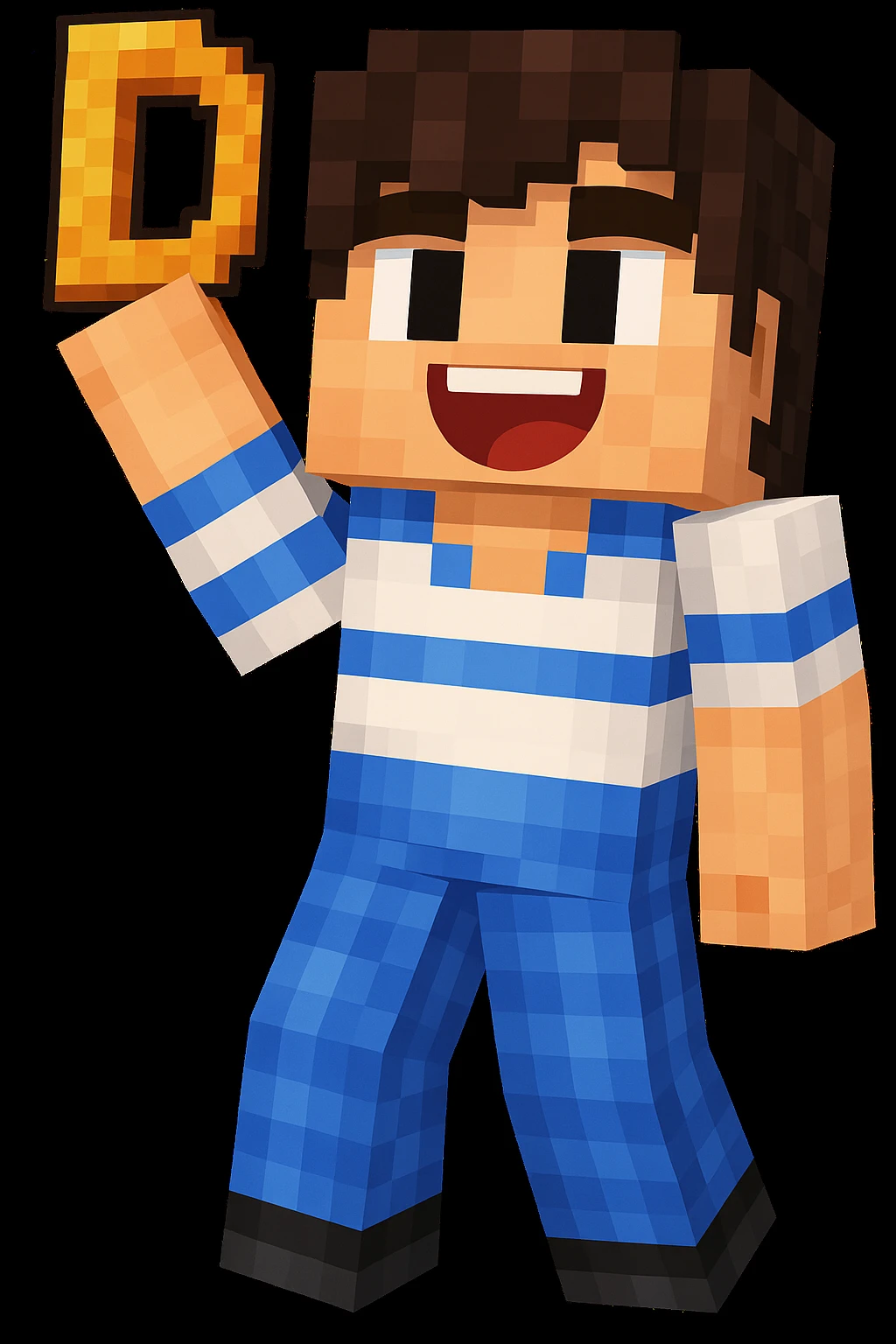 Edit the image to make the character hold the letter D in their hand, keeping the original Minecraft cartoon style and pose. Only add the letter D, do not change anything else. emoji