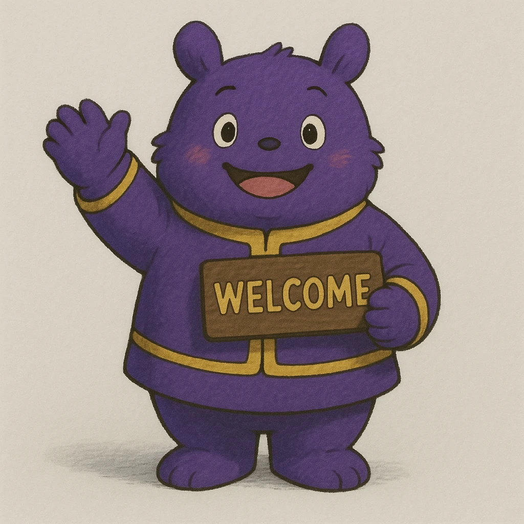 friendly mascot character standing front-and-center, one arm raised in a welcoming wave, holding a small 'Welcome' sign in gold letters, outfit in Qame purple (#4B2091) with gold accents, soft drop shadows, simple light-grey gradient background emoji