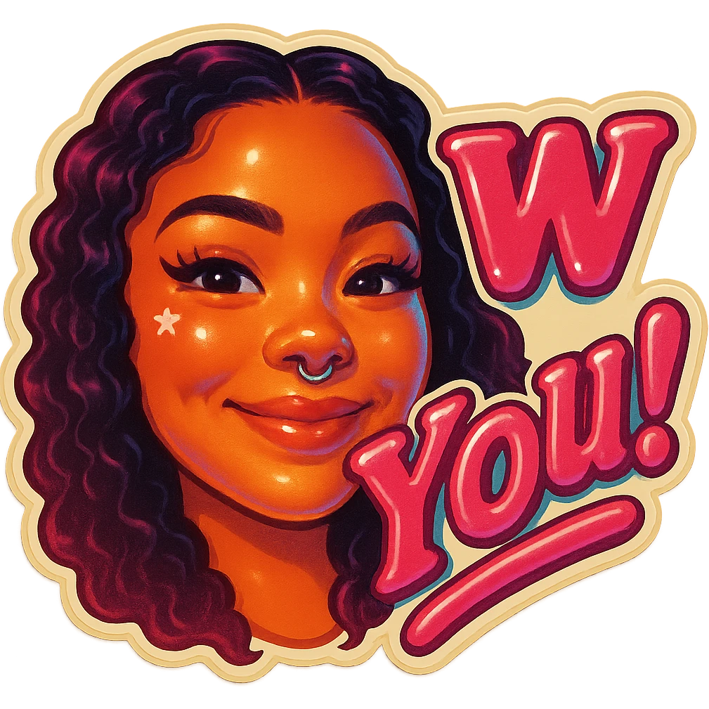 excited smile with mouth closed add the words W You! in pink emoji