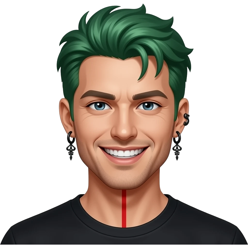 Handsome man with green hair, sharp teeth, a red line on his throat, and black ear stretchers, smirking seductively. emoji