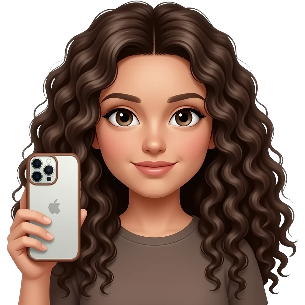 A curly long haired girl 28 years old dark brown color hair holding an silver iPhone 15 pro max with a brown Casetify case emoji