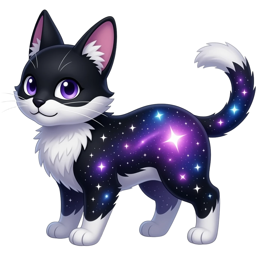 Colorful black-violet-indigo-purple-gradients nebulae nebula starry galactical shiny white-stars-spotted glorious iridescent divine exotic cute cool beautiful realistic Meloetta-caracal-civet-bunny-oncilla-animal-Fakémon-hybrid-fursona (full body) emoji