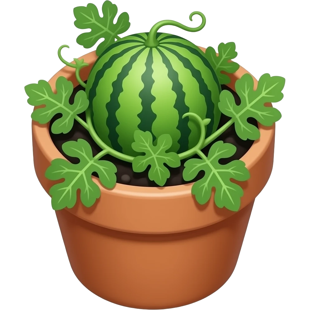 a cute pot with same black dirt and a watermelon big vine with more leaves . no watermelon fruit yet in it, show the dirt and vine  from the hight point of view and still see the pot emoji