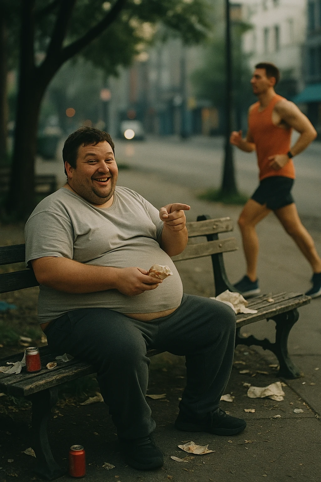 A cinematic urban scene showing an overweight man in his late 30s sitting on a park bench, with a fast food wrapper in one hand and a smirk on his face. He points mockingly toward a fit, athletic person jogging nearby. The man is wearing casual clothes that barely fit — a stretched-out T-shirt and sweatpants — and his posture is slouched. His expression is sarcastic, laughing, but there’s a subtle shadow of insecurity in his eyes. The contrast is clear: the jogger is framed in soft morning light, moving with energy and purpose, while the man on the bench is surrounded by clutter, soda cans, and dim, flat lighting. Shot in 35mm cinematic style, shallow depth of field, with muted tones around the man and vibrant light around the jogger — emphasizing the disconnect between appearance and attitude. emoji