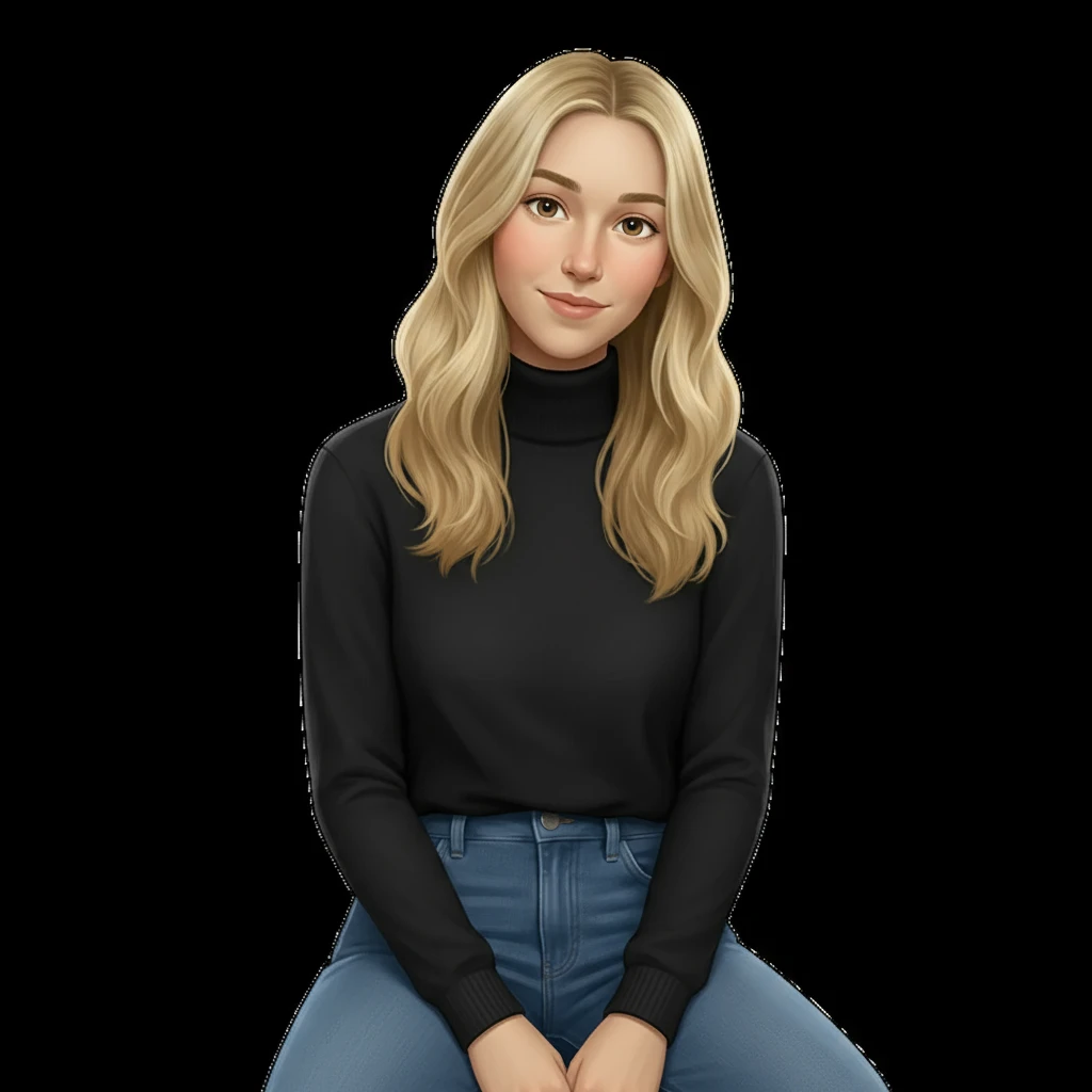 нарисуй эту девушку с точно таким же лицом строго фас она сидит в водолазке и джинсах, без шапки, без фона  emoji