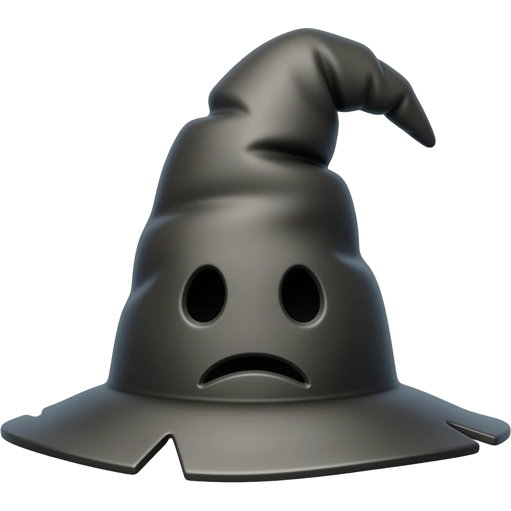 old worn wizard hat, pointed, with folds forming a face, wise serious expression, centered, 3D glossy emoji style, clean background emoji