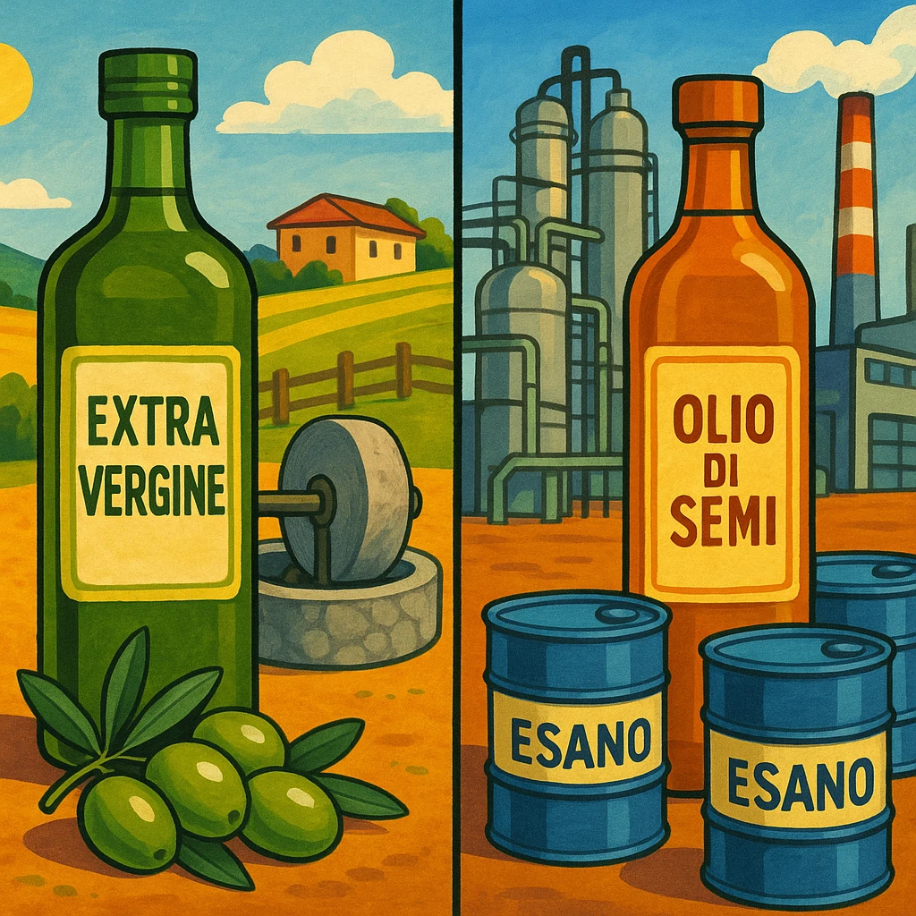 comparative image: left side with a green bottle labeled 'Extra Vergine', olives, traditional olive mill, sunny rural landscape; right side with a bottle labeled 'Olio di semi', industrial factory, chemical barrels labeled 'Esano'; vivid colors, illustrative style emoji