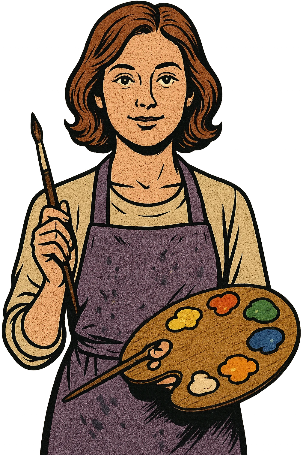 Serene female oil painter, Caucasian features, shoulder-length auburn hair, soft brown eyes, gentle smile, wearing a violet painter’s apron lightly stained with paint over a beige blouse, holding a wooden palette with vibrant colors in one hand and a brush in the other, waist-up, front-facing emoji