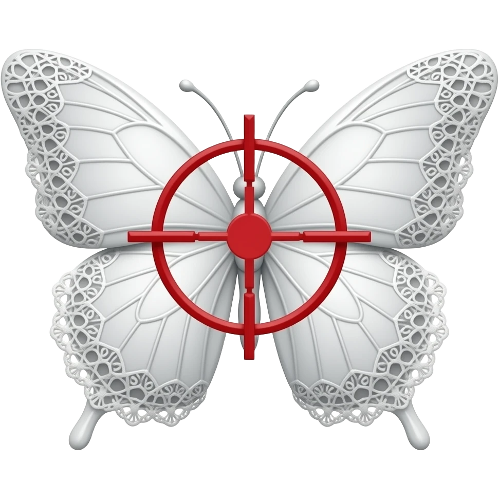subtle elegant white butterfly, 3D emoji gothic butterfly, white velvet, white filigree, white lace trim, red sniper crosshair overlay emoji