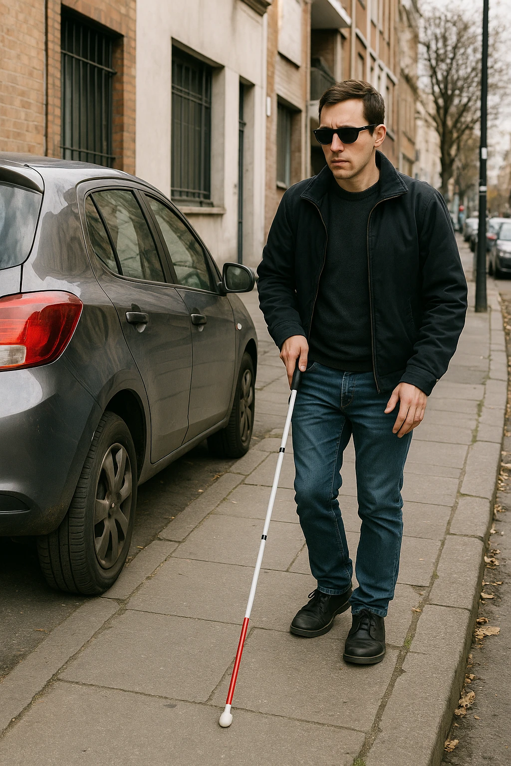 A person with dark glasses and a white cane, trying to navigate around a car parked on the pavement, highlighting accessibility issues. emoji