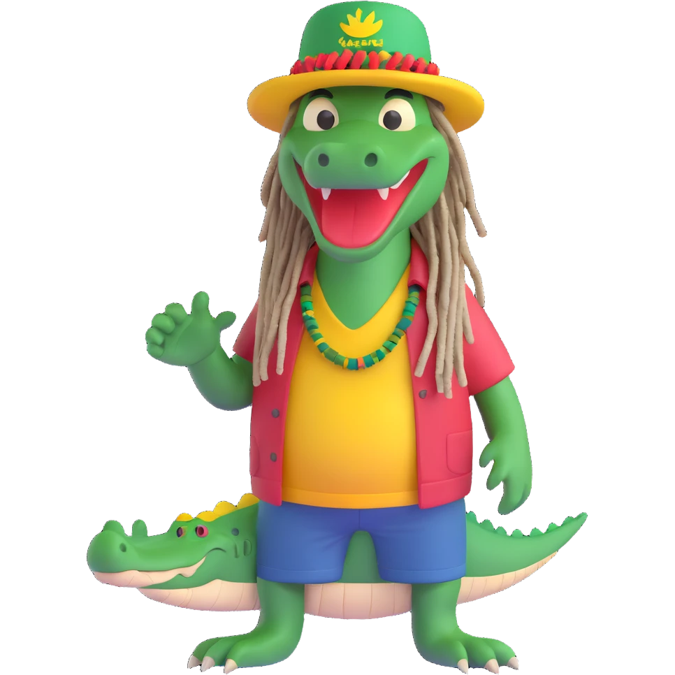 3D cartoon alligator with Rasta hat, dreadlocks, and casual clothes, smiling, fun and friendly emoji
