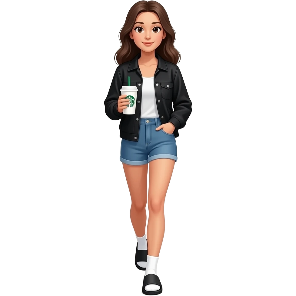 create a young man walking across in a bridge, she's wearing a black jacket, and a long jorts, she's wearing a slide slipper with a white socks, she is carrying a cup of starbocks, and her hand is in his pocket. emoji