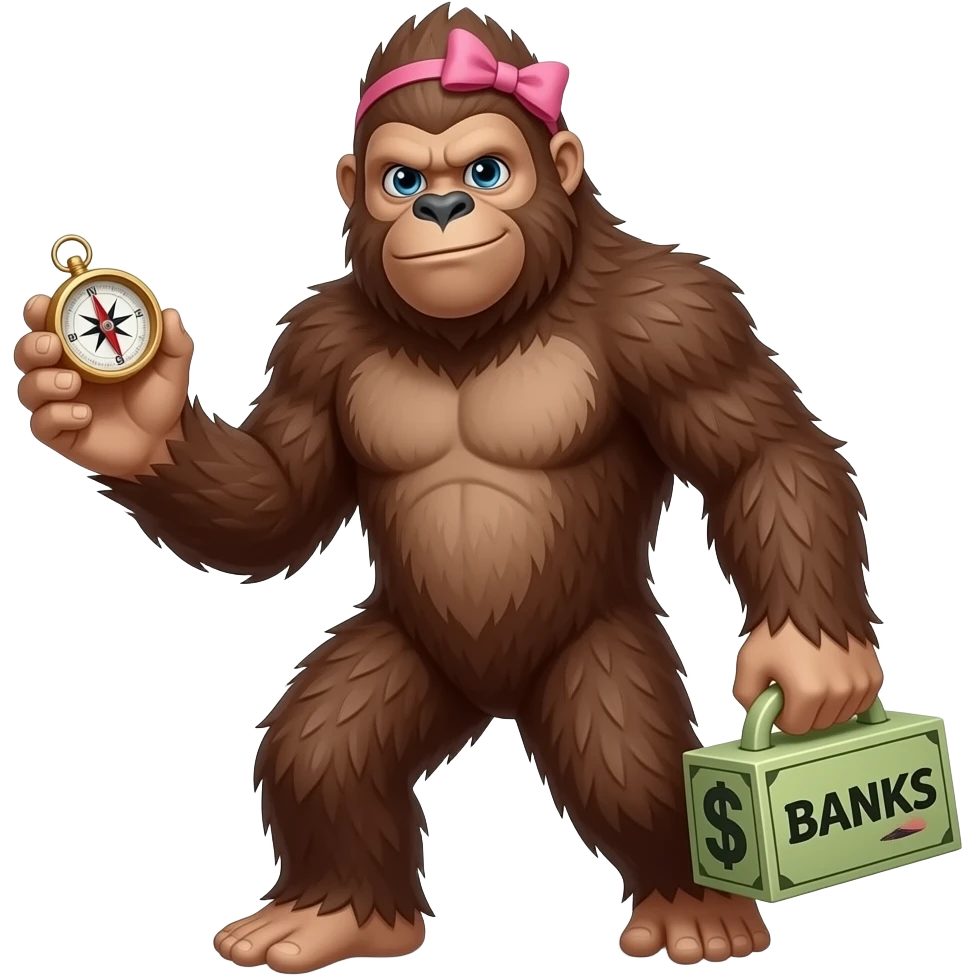 Full body walking sasquatch with pink bow in hair holding a compass in 1 hand and bank with words banksy on itin other hand emoji