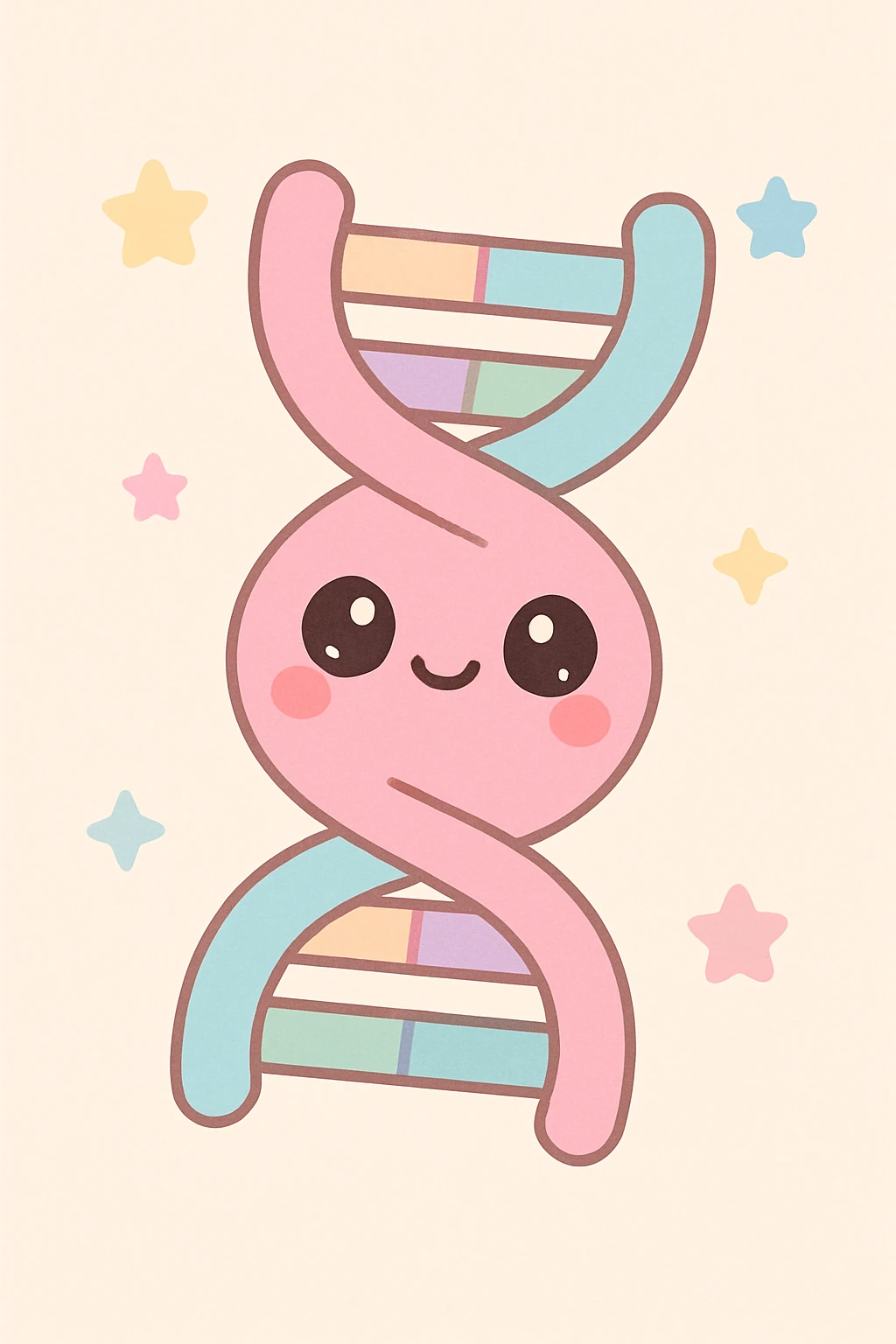 Kannst du mir bitte ein Bild erstellen im Kawaii-Stil? Also ganz übertrieben kitschig, also pastellige Farben mit den Thema Genetik. emoji