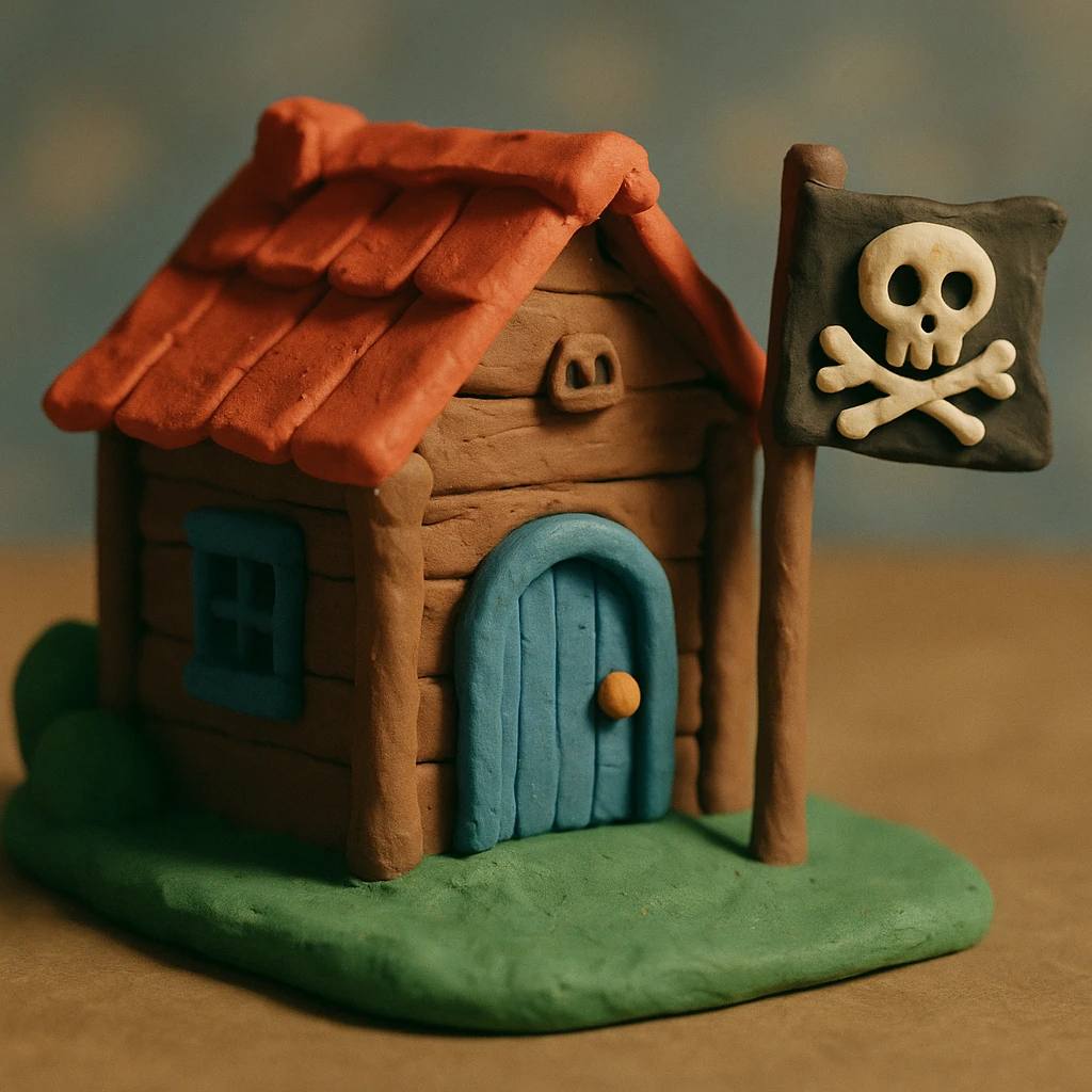 old pirate's house with skull flag emoji