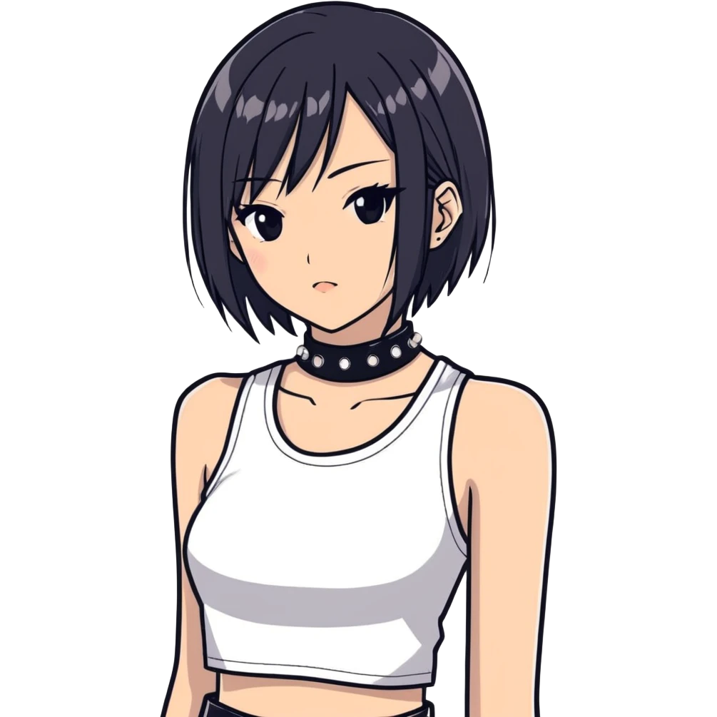A asian girl with Black eyes and black straight hair with a bob with a black spiked chocker with white tank top with a black leather jacket on in anime style emoji