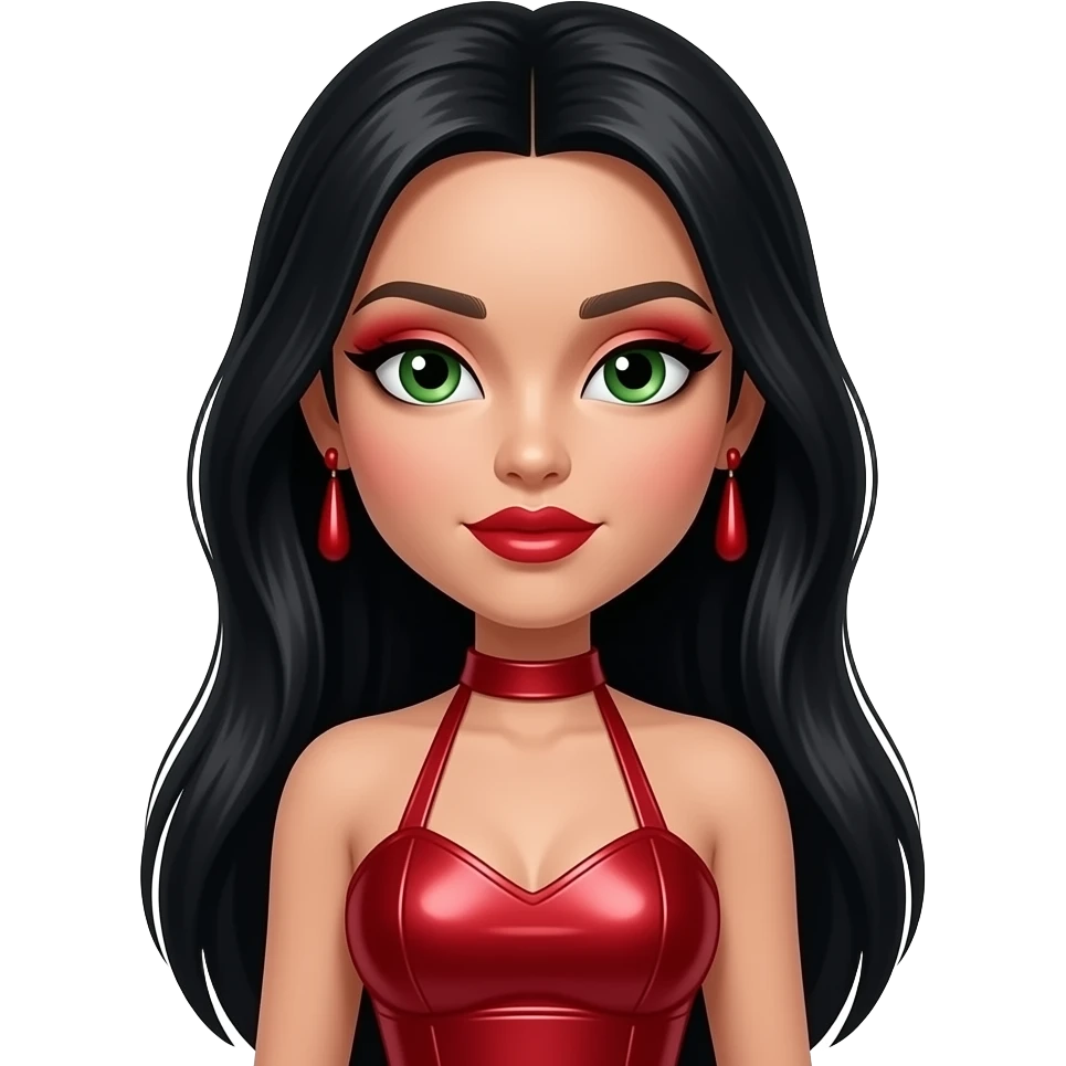 Jade from Bratz with white skin, green eyes, long black hair, red eyeshadow, red lipstick, red metallic halter dress, red earrings emoji