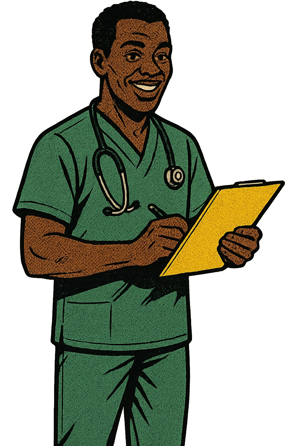 A full body image of a caring black male nurse with a stethoscope holding a note pad emoji