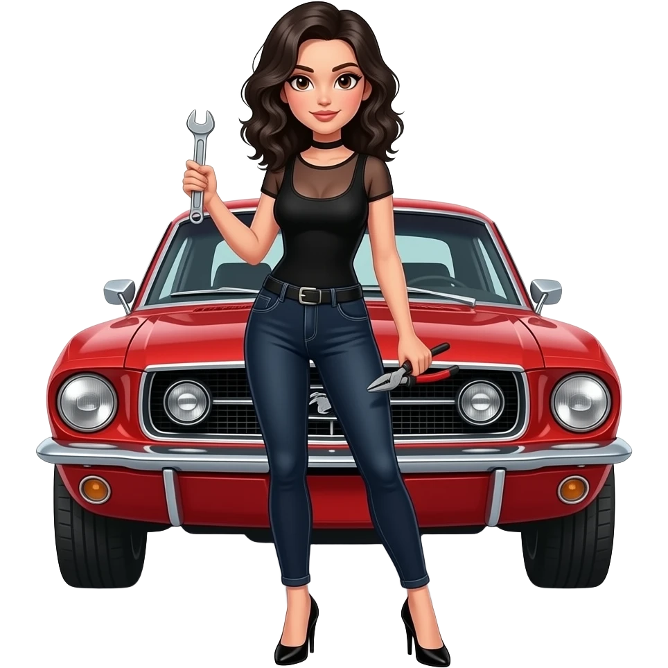 Pale girl with wavy jet black hair and brown eyes in front of a red ford mustang 1968 coupe. Girl wearing a sheer black sleeveless top, low rounded neckline, jeans and heels with visible toes. Girl holding an adjustable wrench in his right hand and a pair of multi-grip pliers in his left hand. emoji