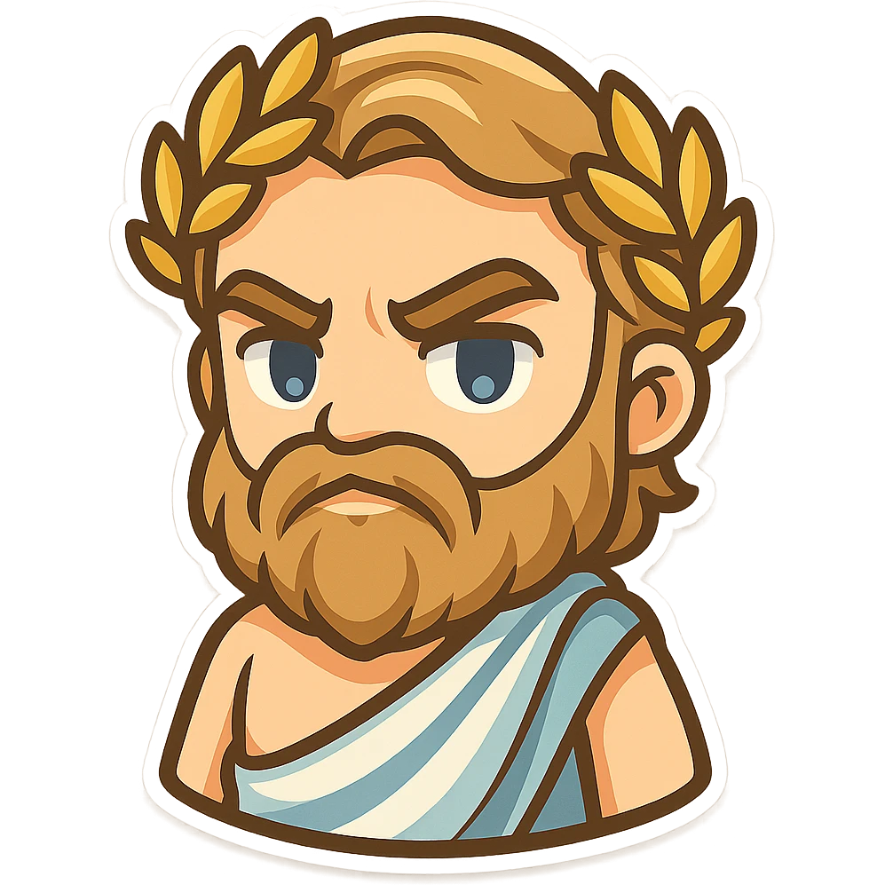 bearded man with laurel wreath, Greek god vibe, modern and bold, gold and blue tones, suitable for Discord emoji emoji