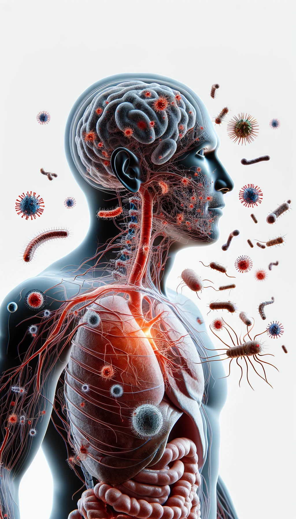 corpo umano anatomico di profilo con virus e parassiti che cercano di attaccarlo , isolato su sfondo bianco, iperrealistico 4k emoji