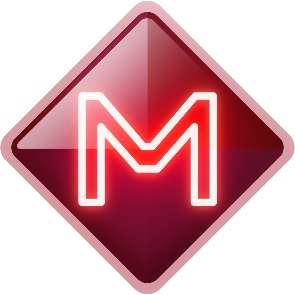 Motion graphic icon of a geometric red diamond. Pulses slowly, changing color from deep maroon to bright scarlet. A glowing outline forms an "M" in the center during the pulse. Minimalist, clean lines, motion blur. emoji