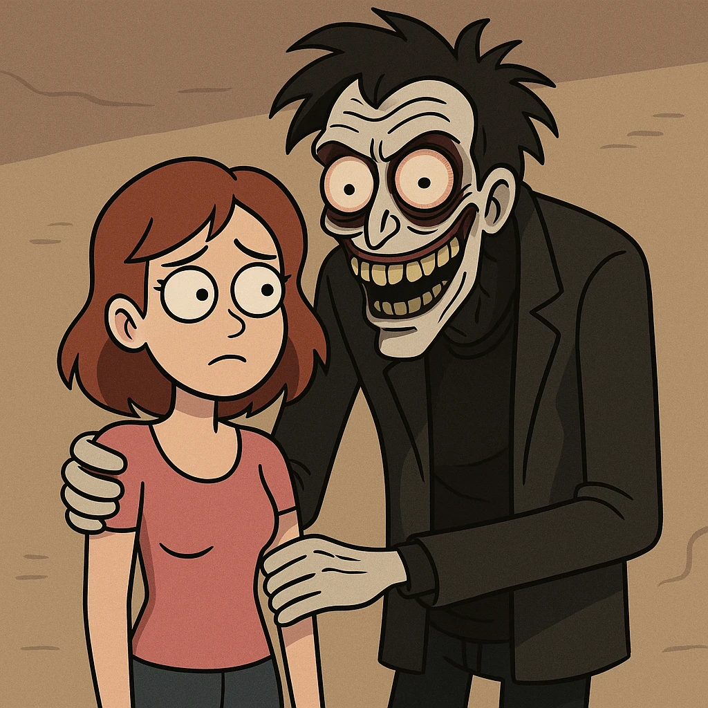 cartoon style girl with boyfriend, creepy and exaggerated, dark tones emoji