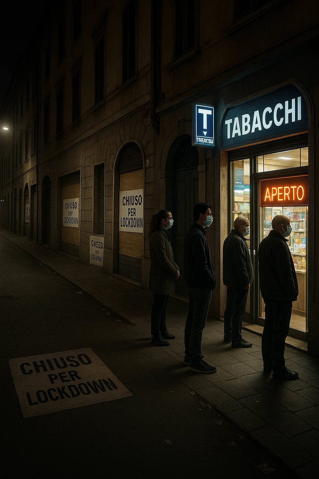 a deserted city street with all shops and businesses shuttered, their windows covered with “Chiuso per Lockdown” signs. In contrast, a brightly lit tobacco shop stands open, with a glowing “Aperto” sign and people lined up outside, all wearing masks. The mood is somber and critical, highlighting the paradox. emoji