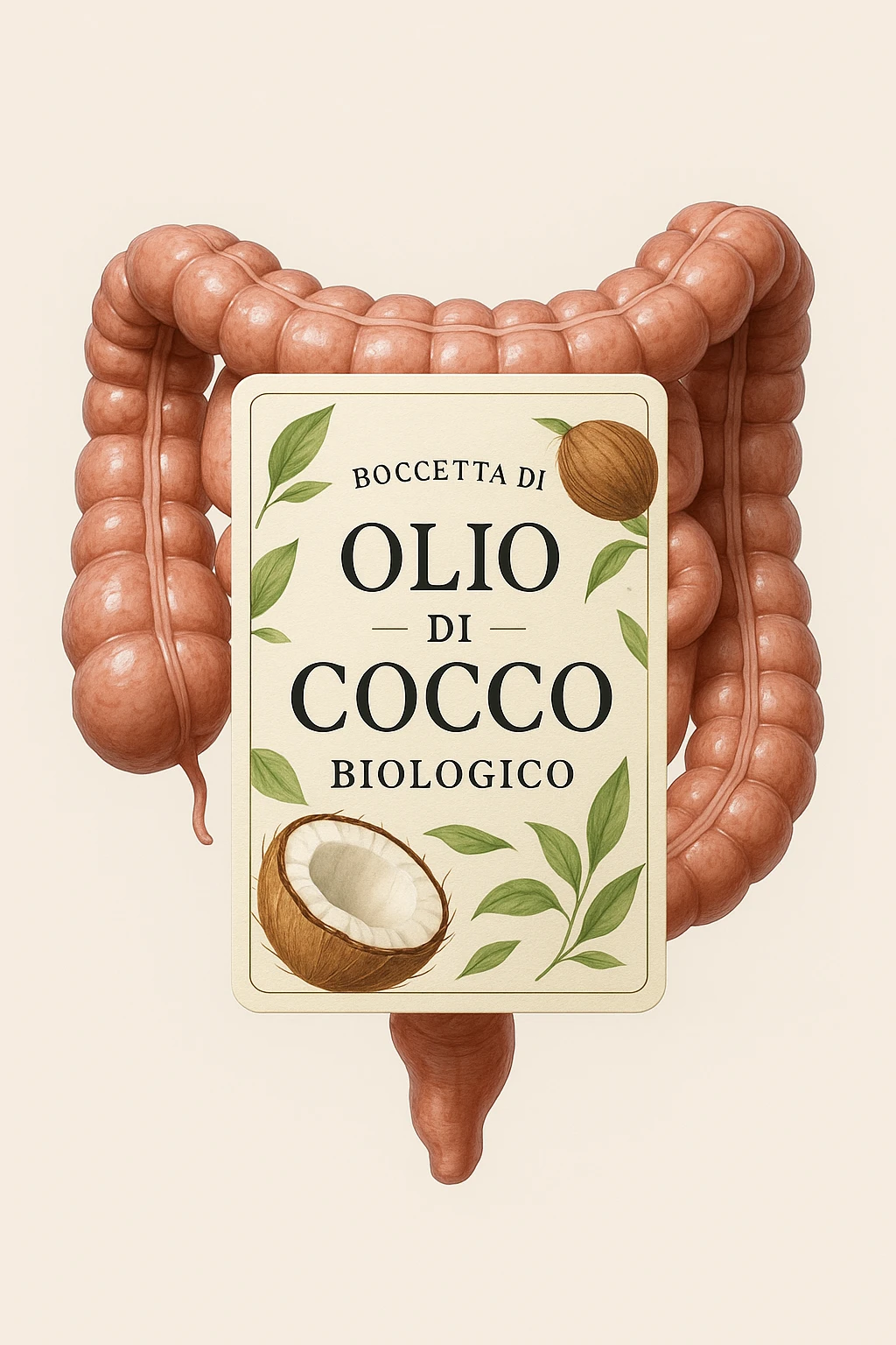 BOCCETTA DI OLIO DI COCCO BIOLOGICO (FAI UN ETICHETTA SUL PRODOTTO IN ITALIANO) CHE FLUTTUA IN ARIA DAVANTI A UN INTESTINO UMANO ANATOMICO IN PERFETTA SALUTE, SFONDO CHIARO, iperrealistico 4k emoji