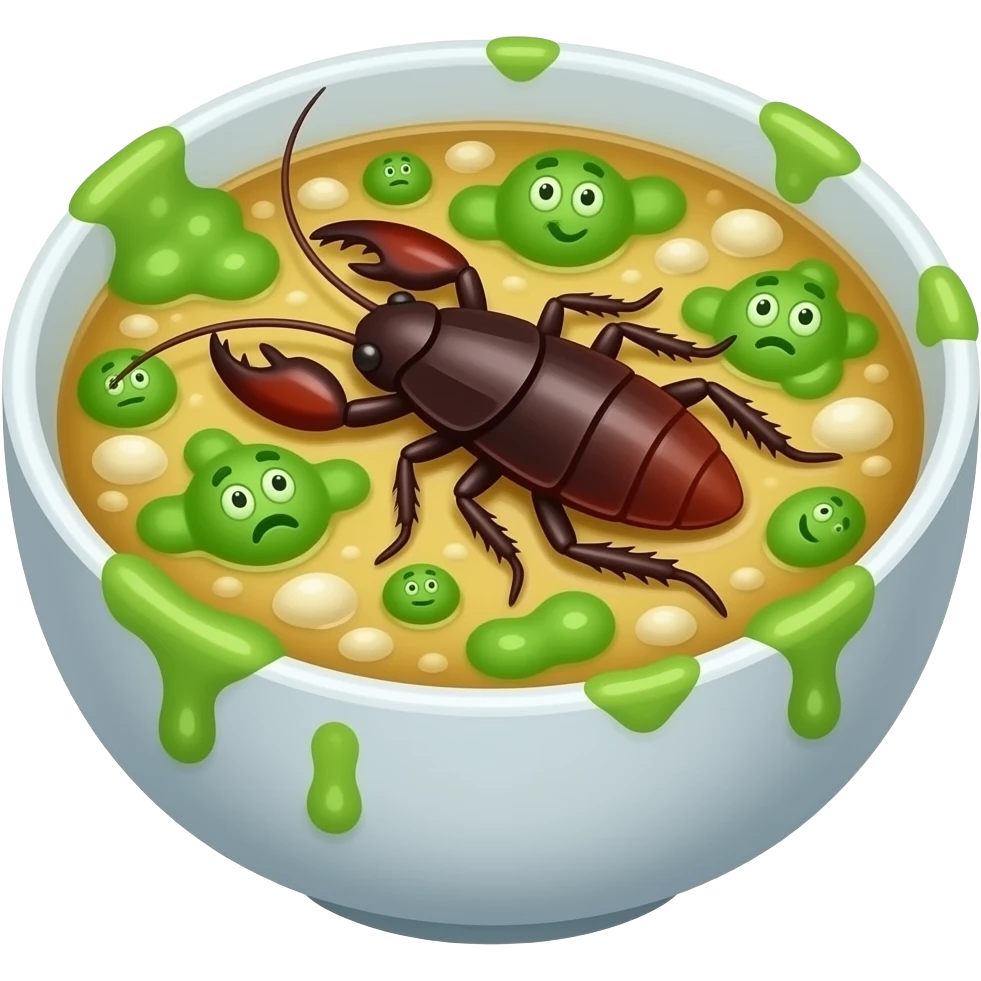 moldy rotten soup. molds should be green and cartoonish. there will be a cockroach on it. no face emoji