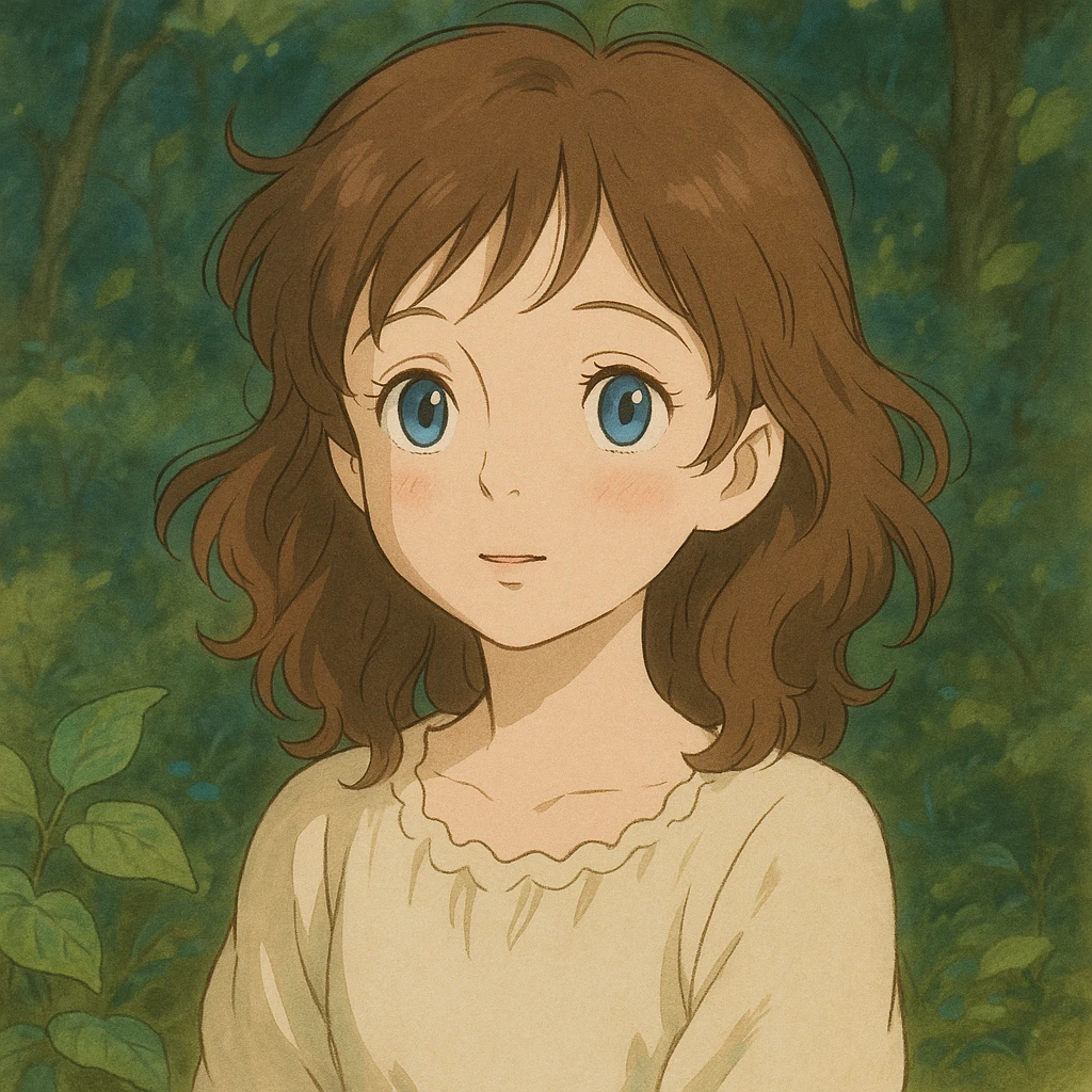cute white girl with brown hair and blue eyes, ghibli-inspired style, delicate and whimsical expression emoji