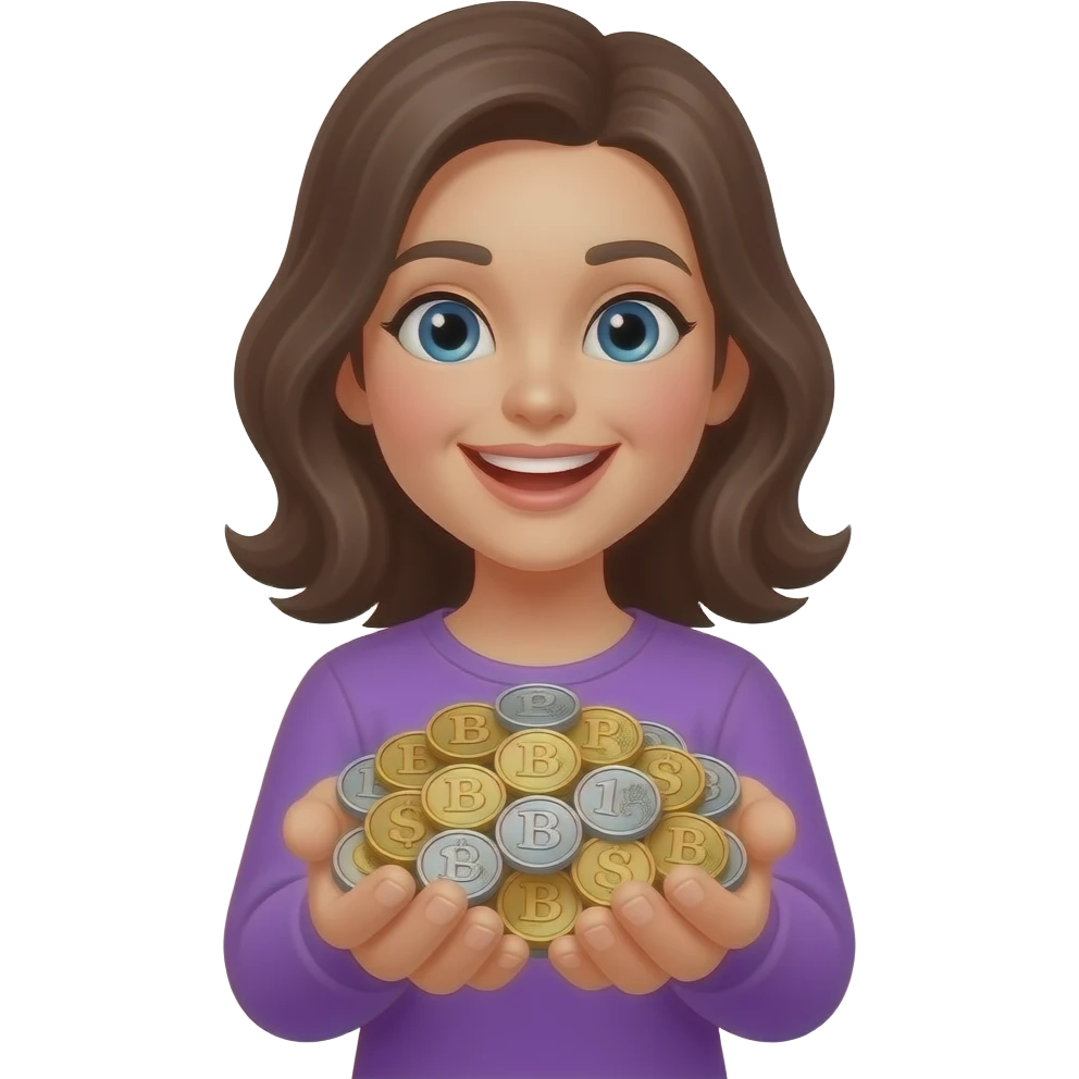 Счастливая женщина с кучей рубли в фиолетовой одежде не доллар emoji