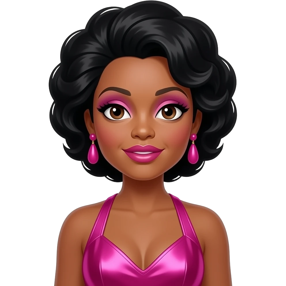 Diana Ross with dark brown eyes, black beehive hairdo, pink eyeshadow and lipstick, hot pink metallic halter dress, pink earrings emoji