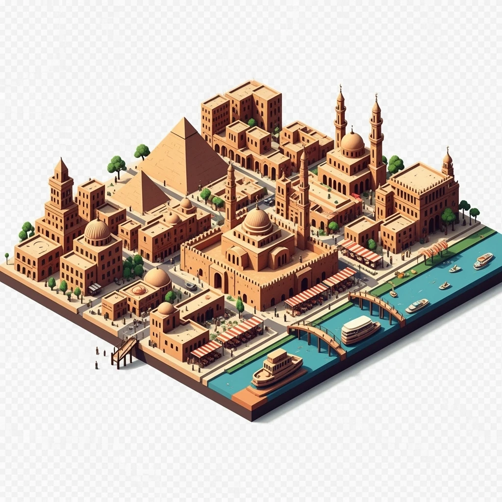 Isometric minimalistic illustration of Cairo, subtle 3D miniature effect and Tilt Shift effect, no cartoonish look, transparent background. emoji