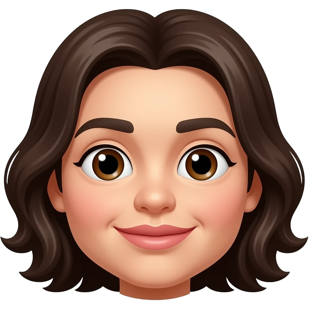 Large nose round small brown eyes thick eyebrows and pouty lips dark haired wavy emoji