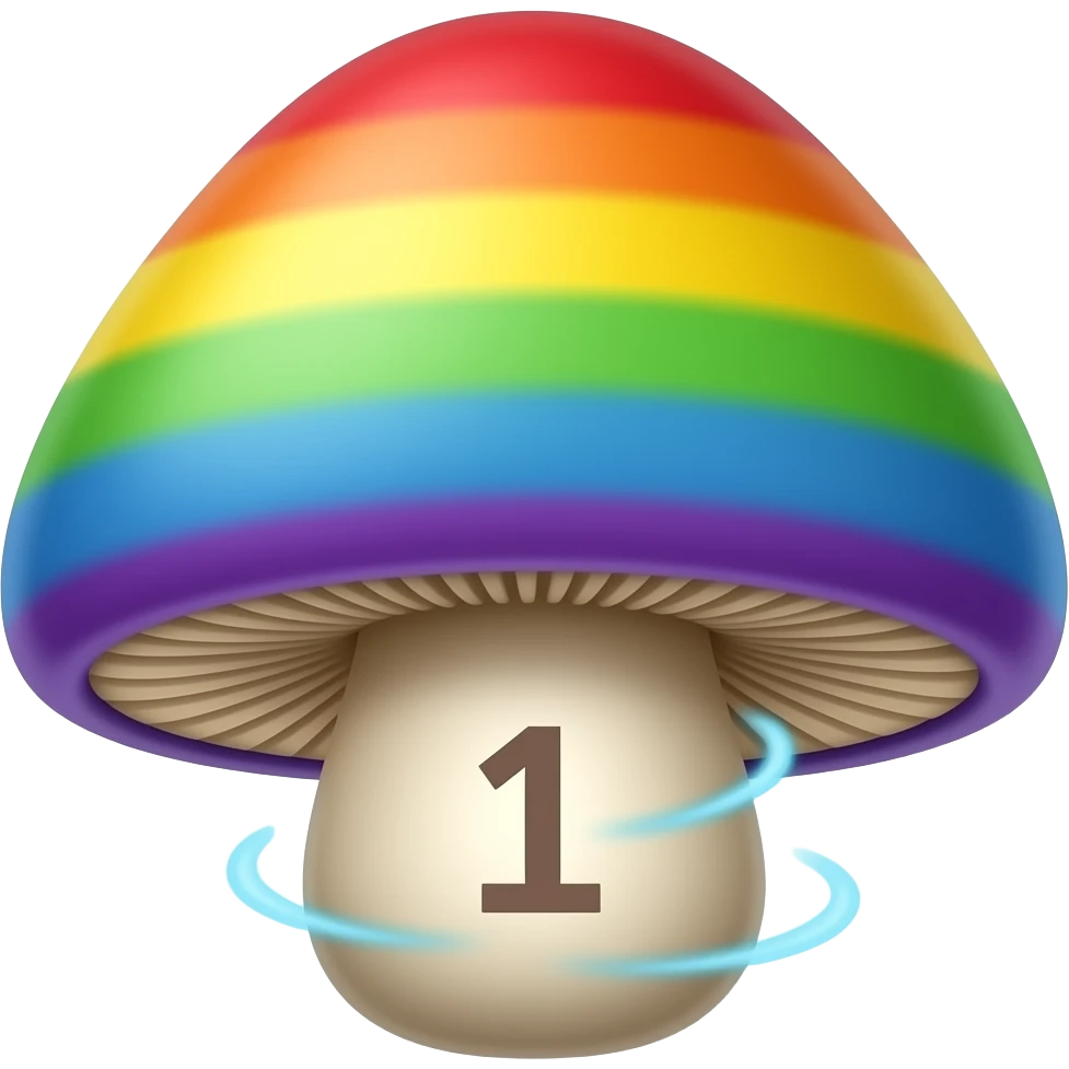 conic rainbow mushroom, add motion,  write #1 on the stem emoji