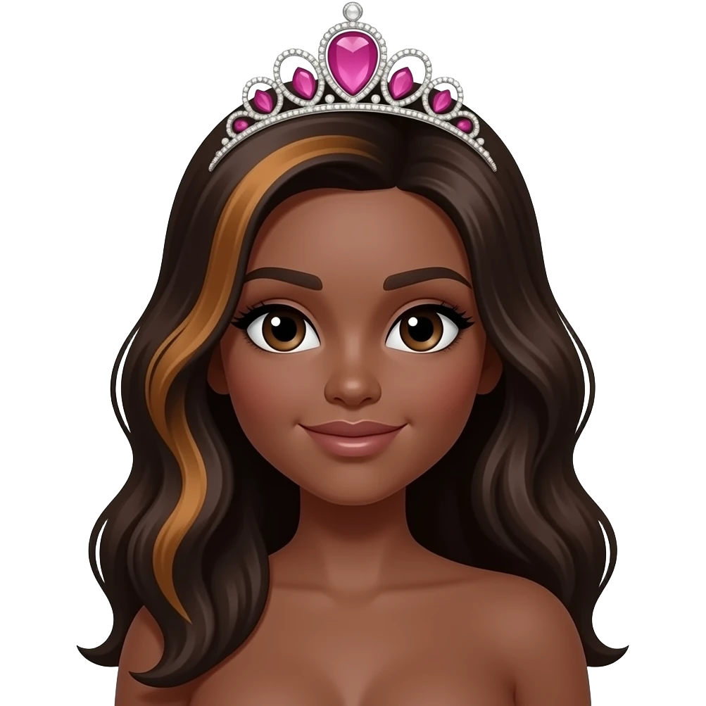 hair with pink tiara, Dark brown eyebrows,Dark brown skin, Doll shaped face, doll eyes, wavy with side part longer straightened dark brown hair with auburn highlights, big breast no bra emoji