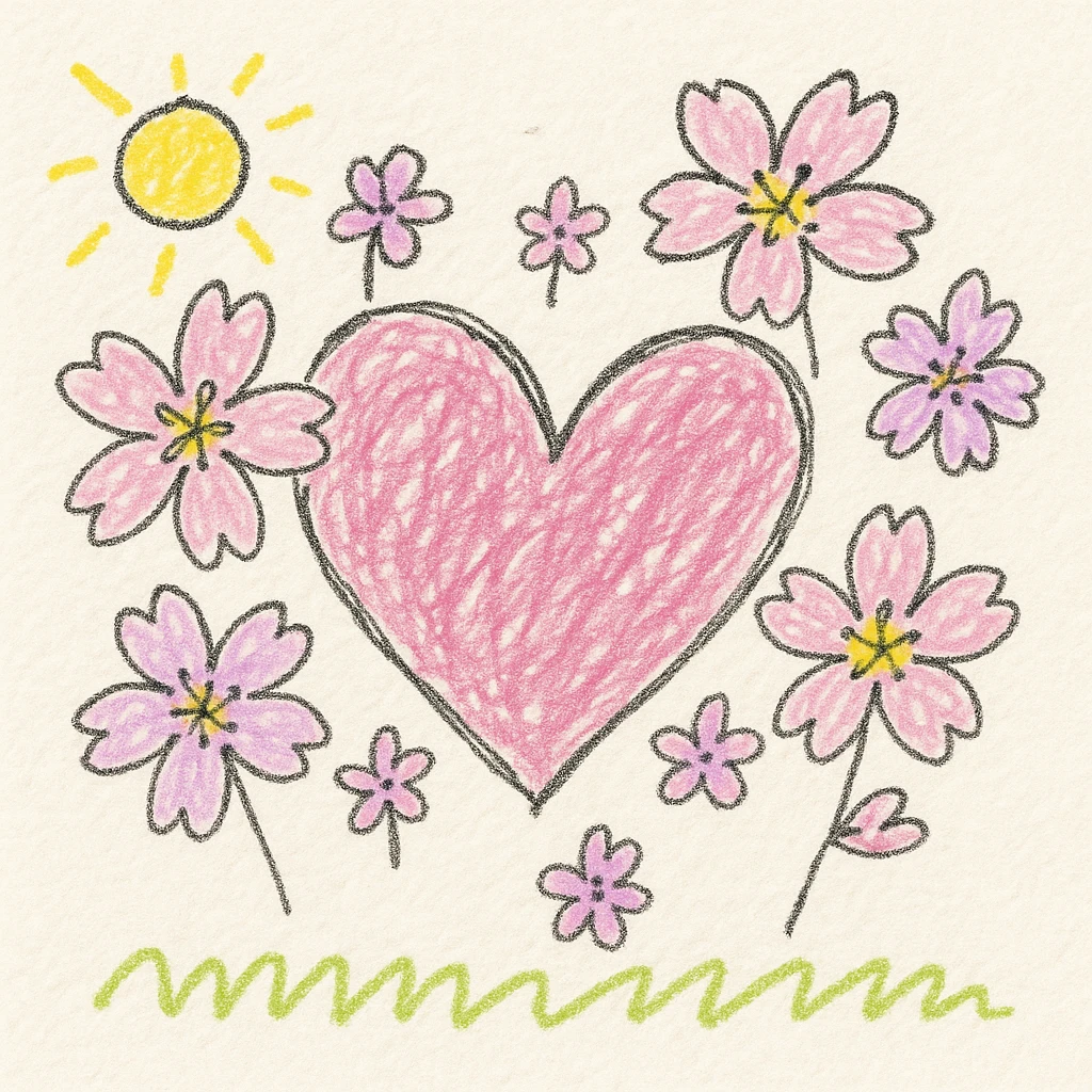 pink heart with sakura flowers, children doodle style emoji