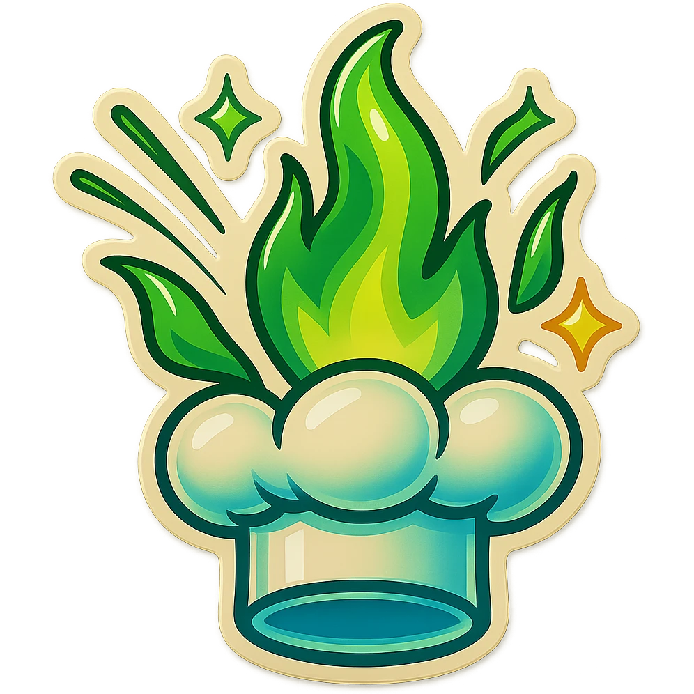 chef's hat explode with trails of fires, emoji, playful, magic flame green gradient, vibrant, flame matching style reference file emoji