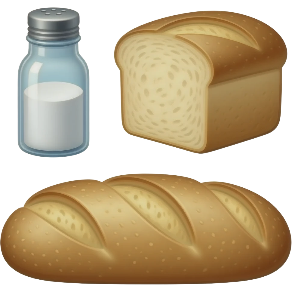 a bottle of salt (salt shaker) and a loaf of peasant bread - still life composition vintage emoji
