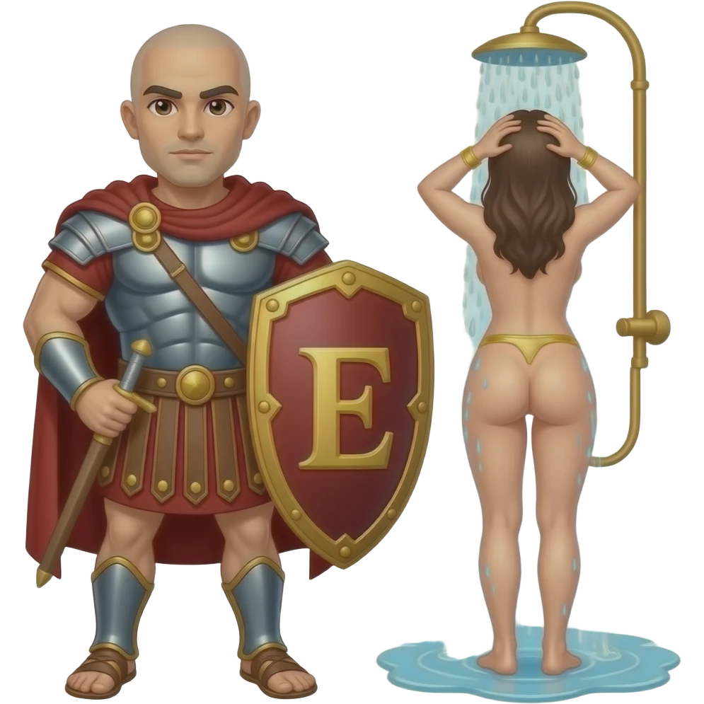 Muscular Roman soldier bald with brown eyes the Letter E on the shield with empress in shower facing away bare bum emoji
