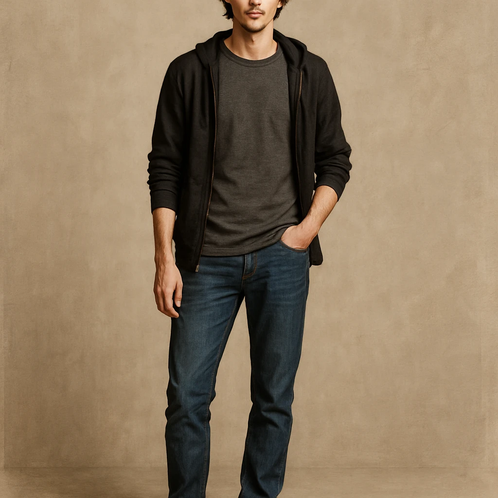 a slender character with dark red hair, brown eyes, casual pose, contemporary look emoji
