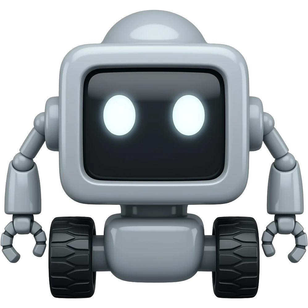 Grey square with 4 wheels and a display showing white eyes emoji