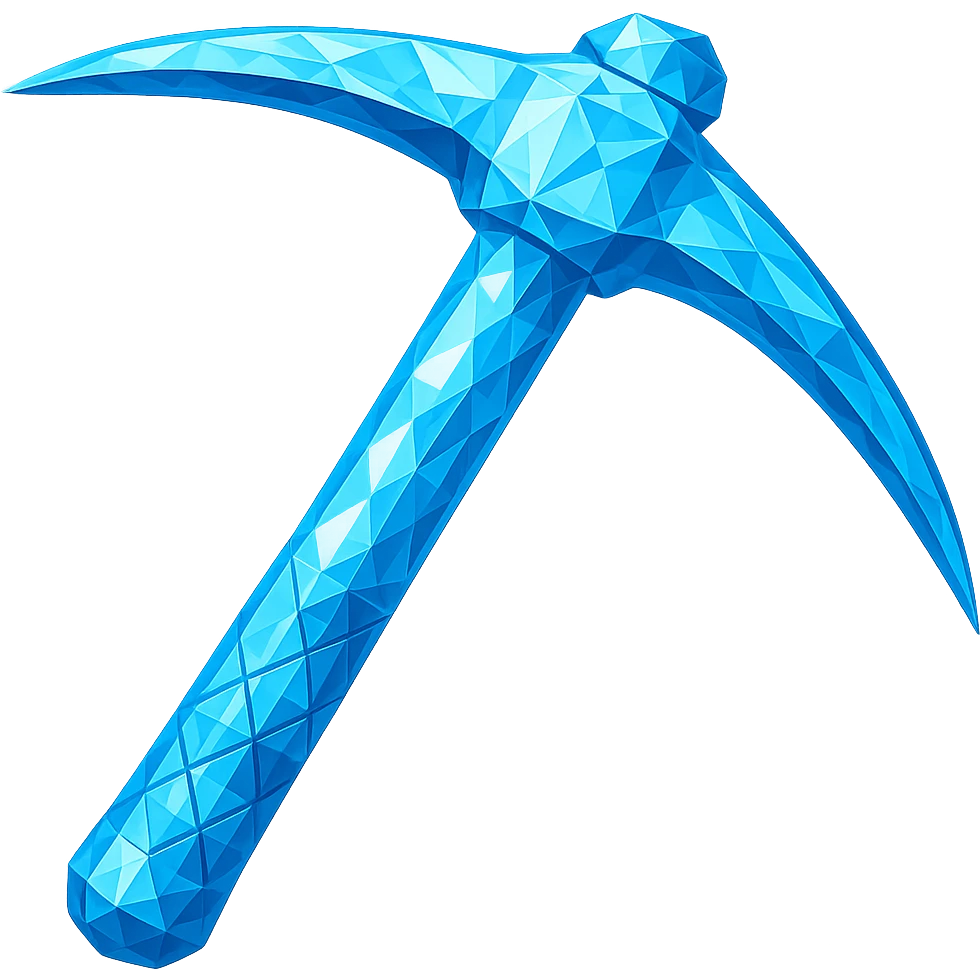 Transform the pickaxe into a diamond version, matching the color, faceted texture, and shine of the diamond chestplate reference. Keep the exact shape and proportions of the original pickaxe. Transparent background. emoji