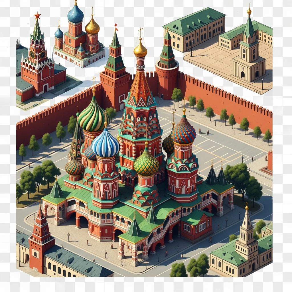 Isometric illustration of Moscow, featuring photorealistic Saint Basil's Cathedral with colorful onion domes, hand-drawn painterly details transparent background emoji