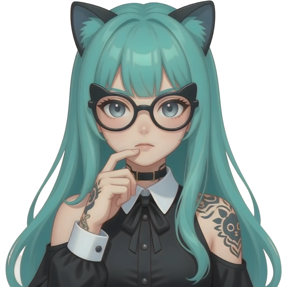 anime girl, thinking hard, cat glasses ,face tattoos, long flowing teal hair, grey eyes, black shoulder cyberpunk blouse with fancy white collar emoji