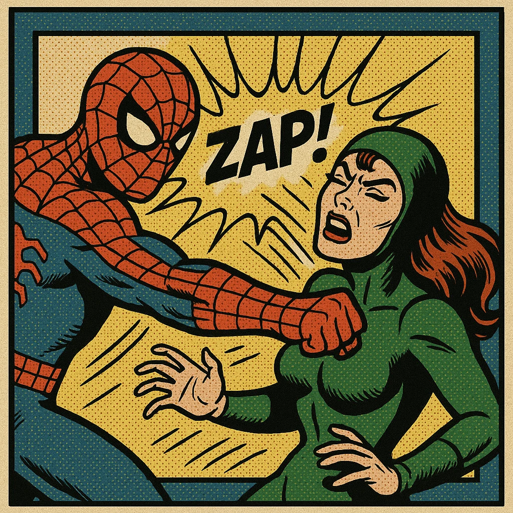 Spiderman hitting a woman villain, dynamic action scene, classic comic book style, dramatic and intense emoji