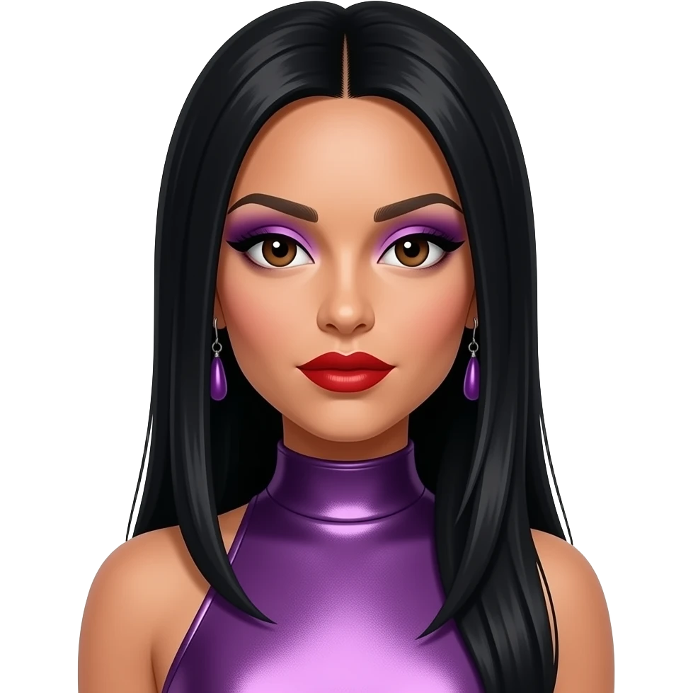 Nicole Scherzinger from The Pussycat Dolls with dark brown eyes, long black 2000s straight hair, purple eyeshadow, red lipstick, purple metallic halter dress, earrings emoji
